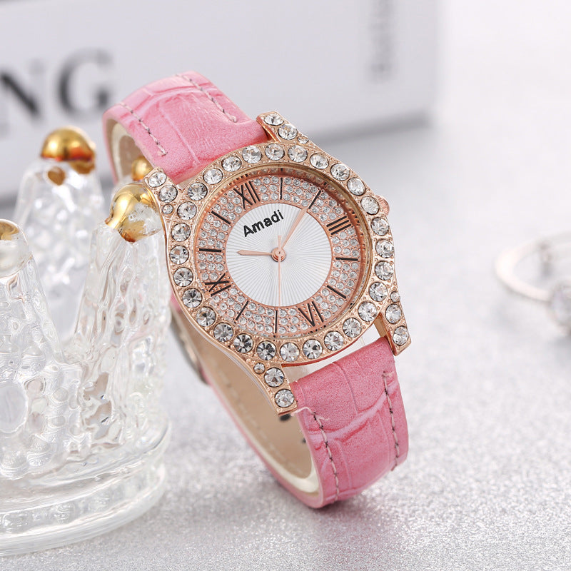 Women's Diamond-embedded Roman Face Simple Fashion All-match Quartz Watch Gift Box