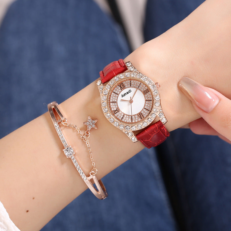 Women's Diamond-embedded Roman Face Simple Fashion All-match Quartz Watch Gift Box