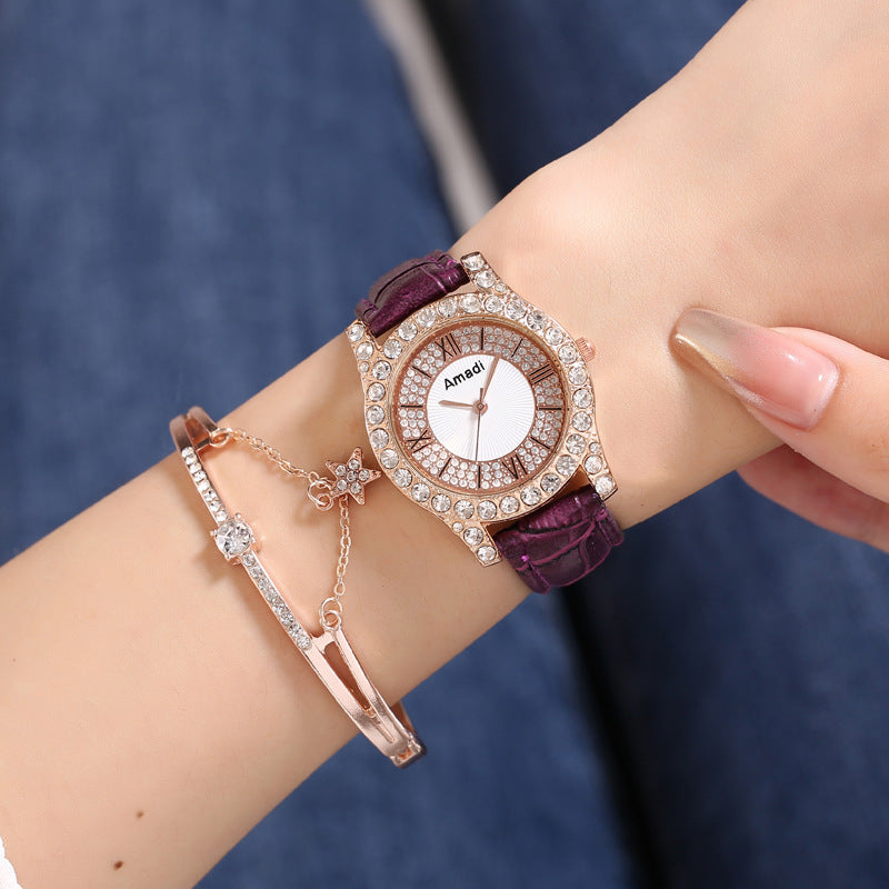 Women's Diamond-embedded Roman Face Simple Fashion All-match Quartz Watch Gift Box