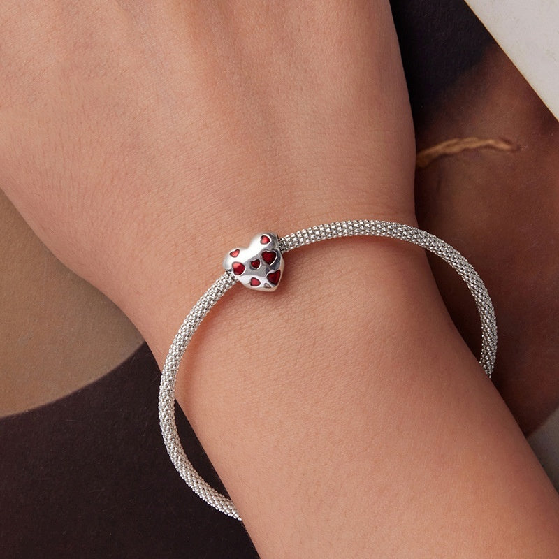 S925 Sterling Silver Red Heart-shaped Beaded