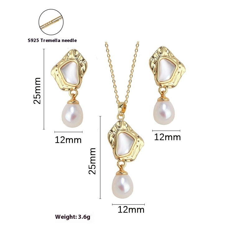 Natural Freshwater Pearl High-grade Mother Shell Earrings Baroque Style Suit