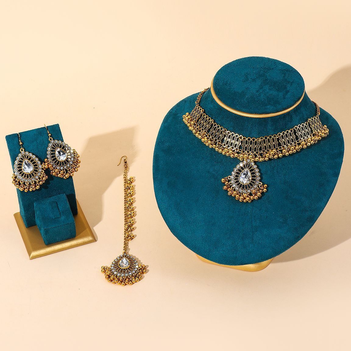 Indian Gem Pearl Pendant Tassel Three-piece Fashion Retro