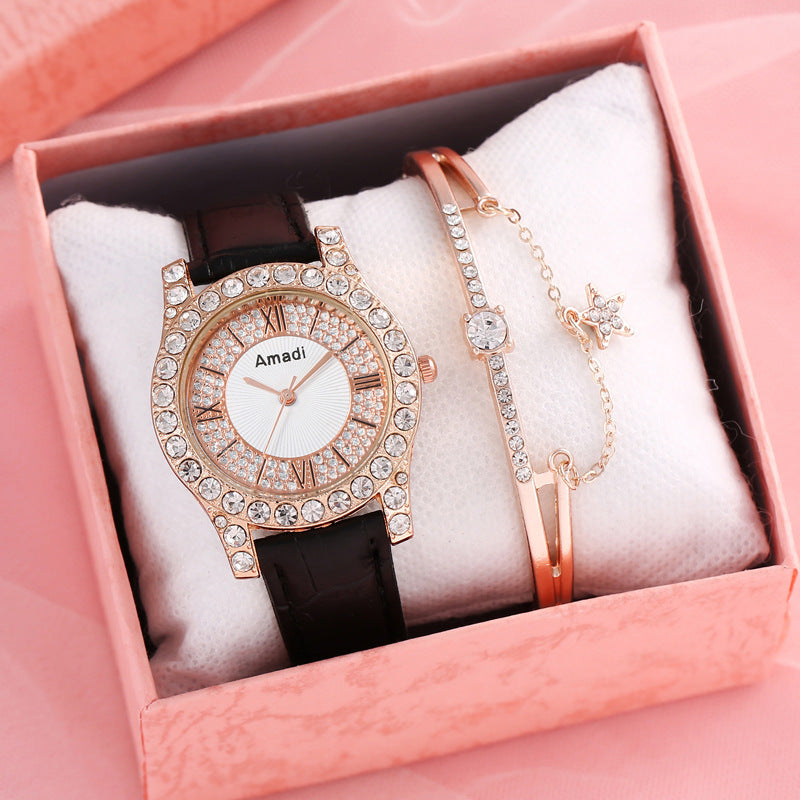 Women's Diamond-embedded Roman Face Simple Fashion All-match Quartz Watch Gift Box