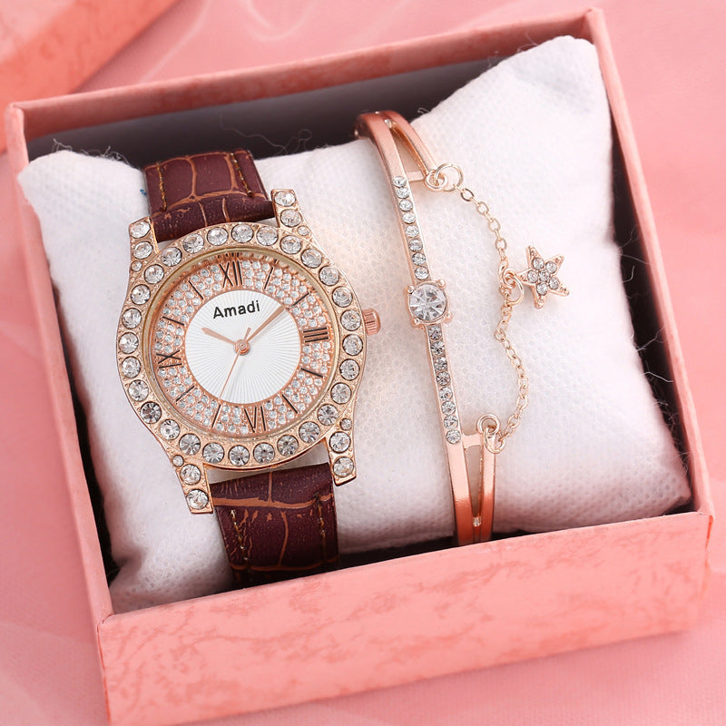 Women's Diamond-embedded Roman Face Simple Fashion All-match Quartz Watch Gift Box
