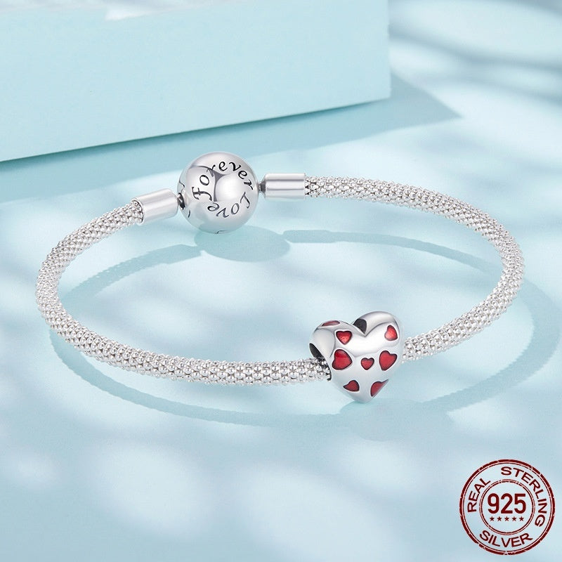 S925 Sterling Silver Red Heart-shaped Beaded