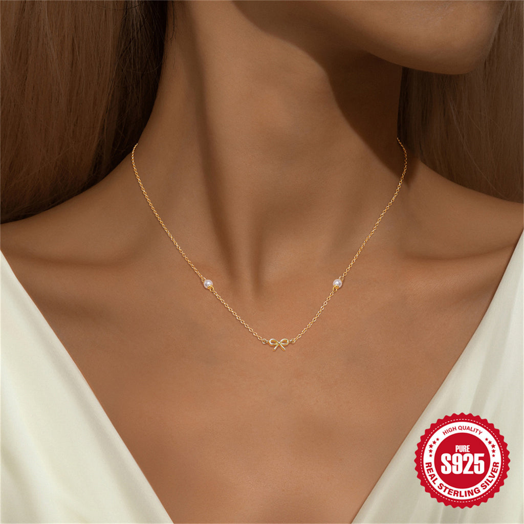 S925 Sterling Silver Simple Pearl Bow Twin Clavicle Chain Necklace