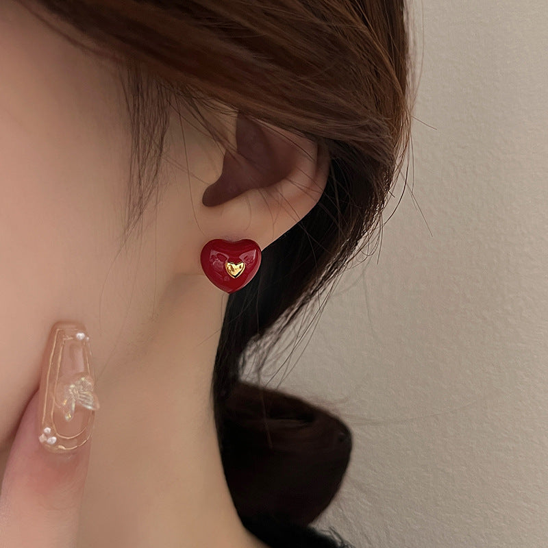 Vintage Red New Year Heart Silver Needle Earrings