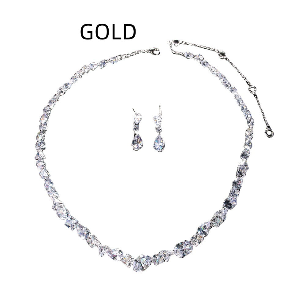 Simple Full Rhinestone Zircon Necklace And Earrings Suite