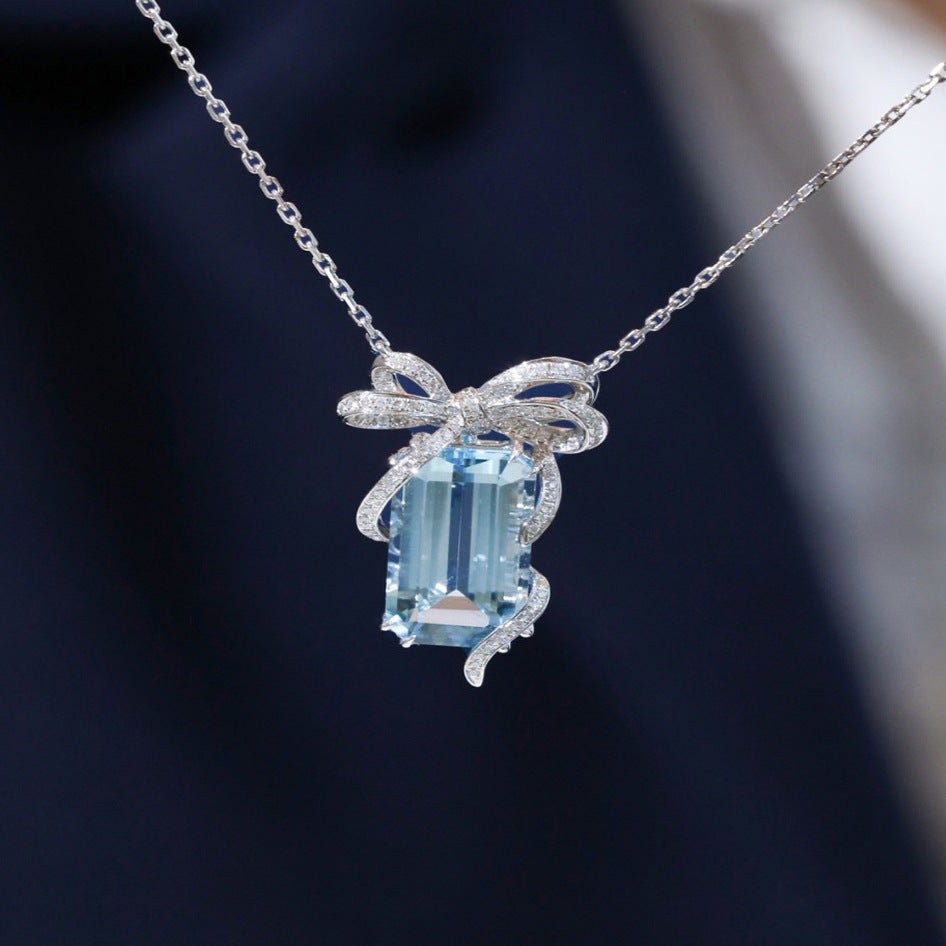 Square Bow Aqua Blue Topaz Light Luxury Necklace For Women