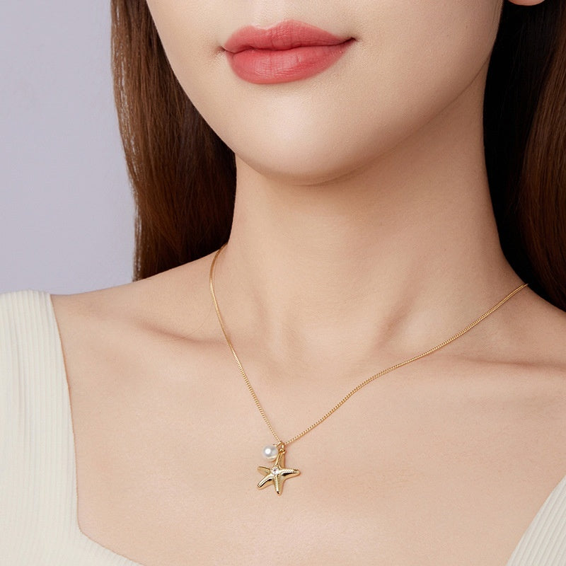 S925 Sterling Silver Gold Plated Starfish Pearl Pendant Necklace