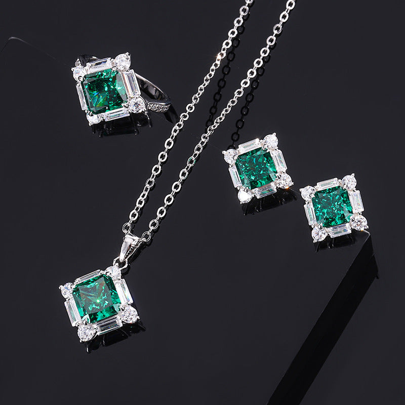 S925 Silver High Carbon Emerald Diamond Princess Square Diamond Set