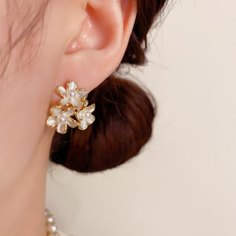 White Three-petal Flower Stud Earrings