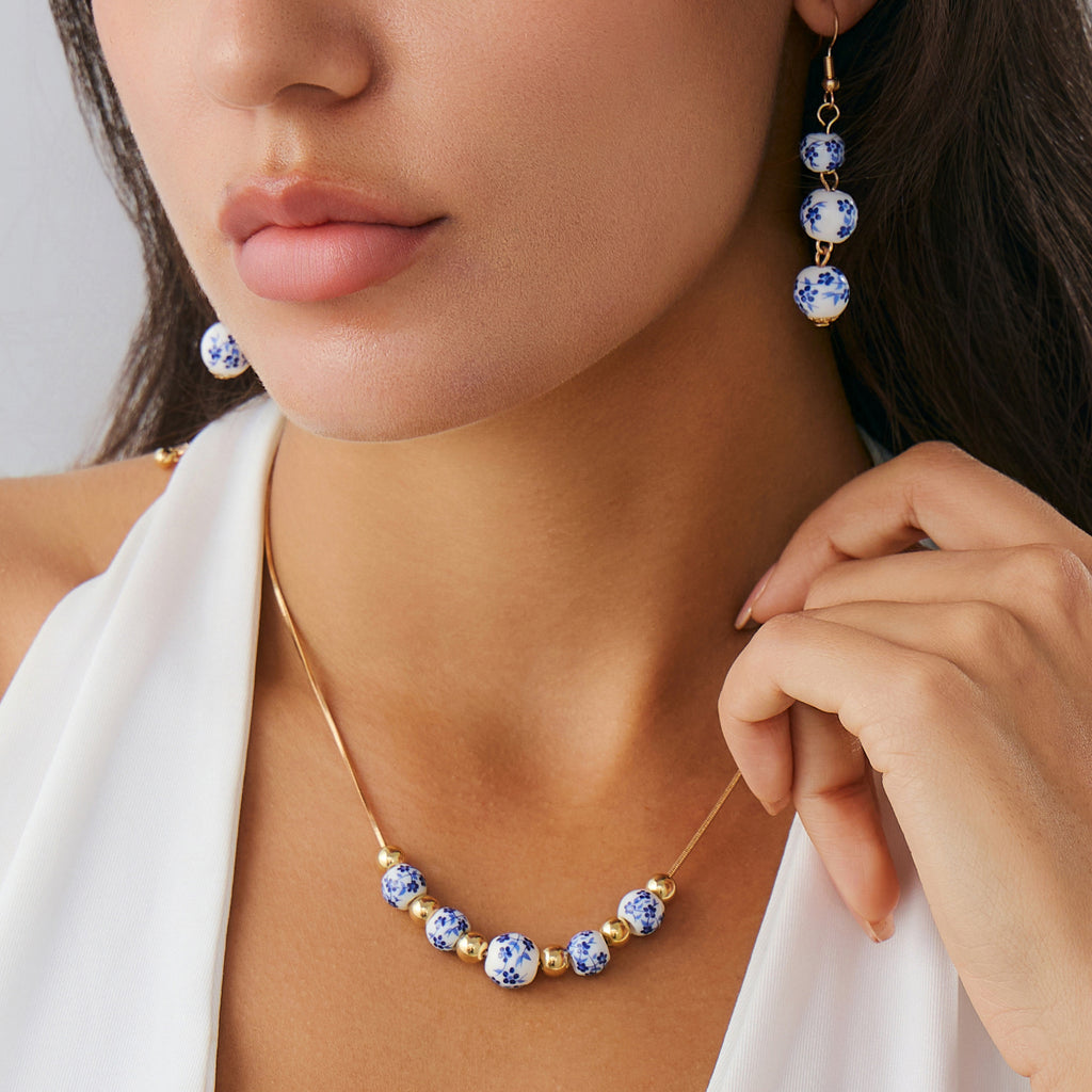 Blue And White Porcelain Round Beads Tassel Necklace Simple All-match Flower Earrings