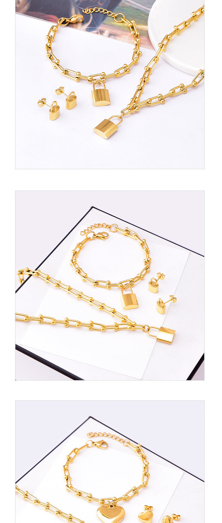 All-match Stainless Steel Small Lock Bracelet Earrings Suit