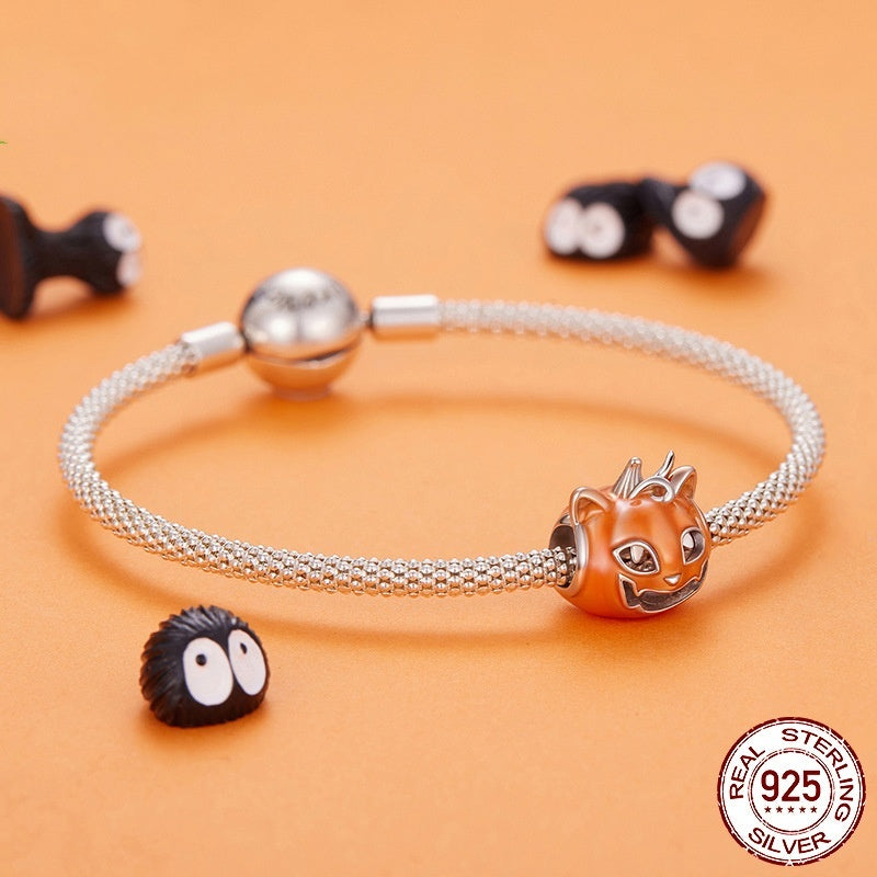 Halloween Luminous Oil Dripping Pumpkin Cat S925 Sterling Silver Beads