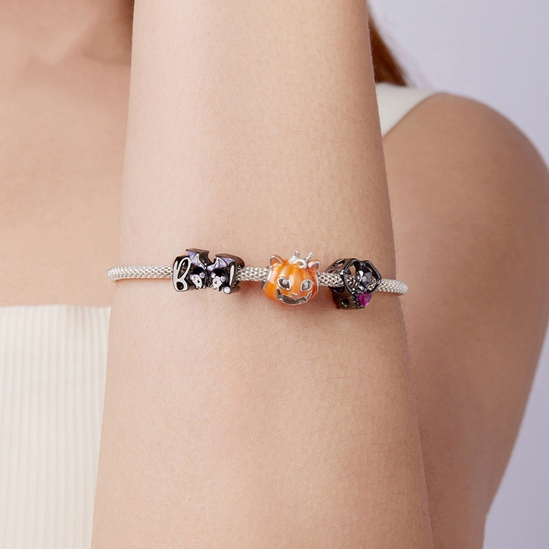 Halloween Luminous Oil Dripping Pumpkin Cat S925 Sterling Silver Beads