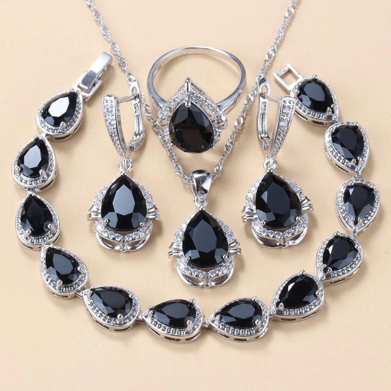 Gem-inlaid Pendant Earrings Necklace And Four-piece Ring Set Pack