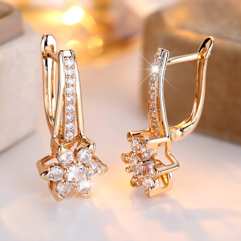 Round Zircon White Diamond Flower Full Diamond Ear Clip European And American Fashion High-grade Earrings