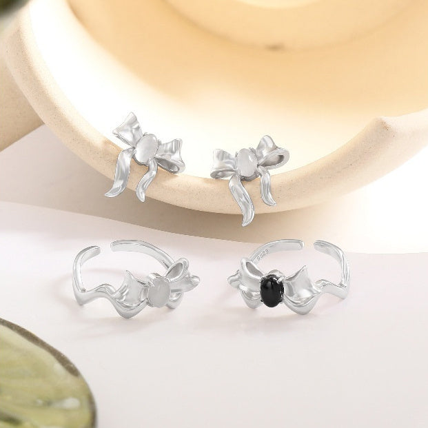 Special-interest Design Bow Black And White Agate All-Match Ring Advanced Sense