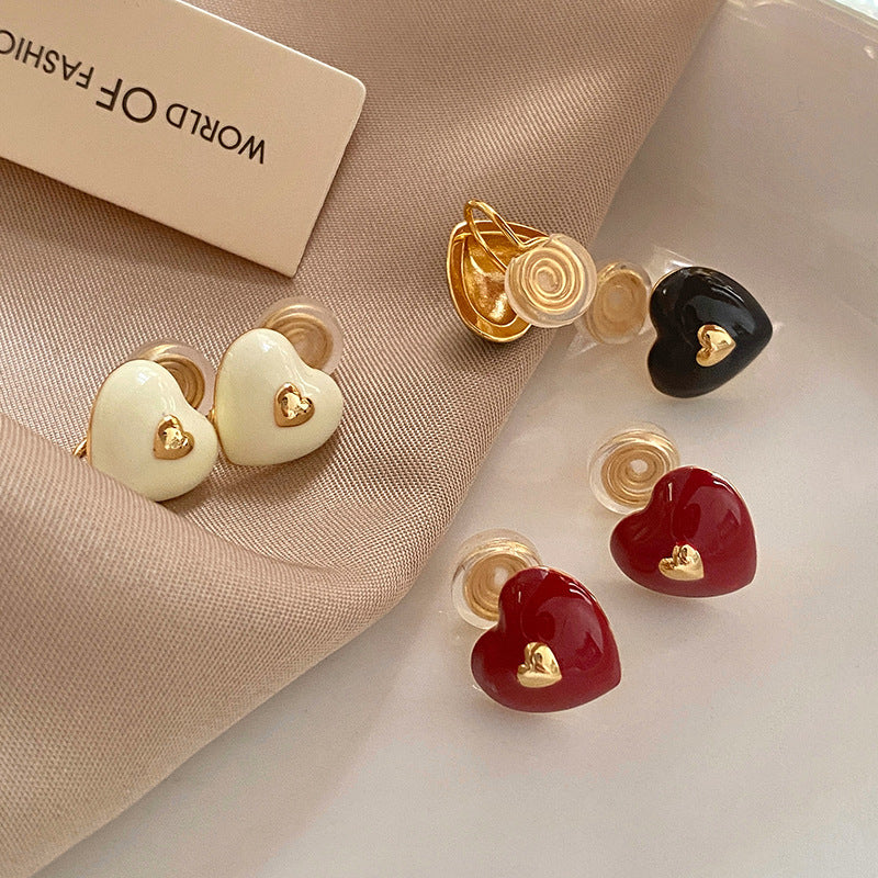 Vintage Red New Year Heart Silver Needle Earrings