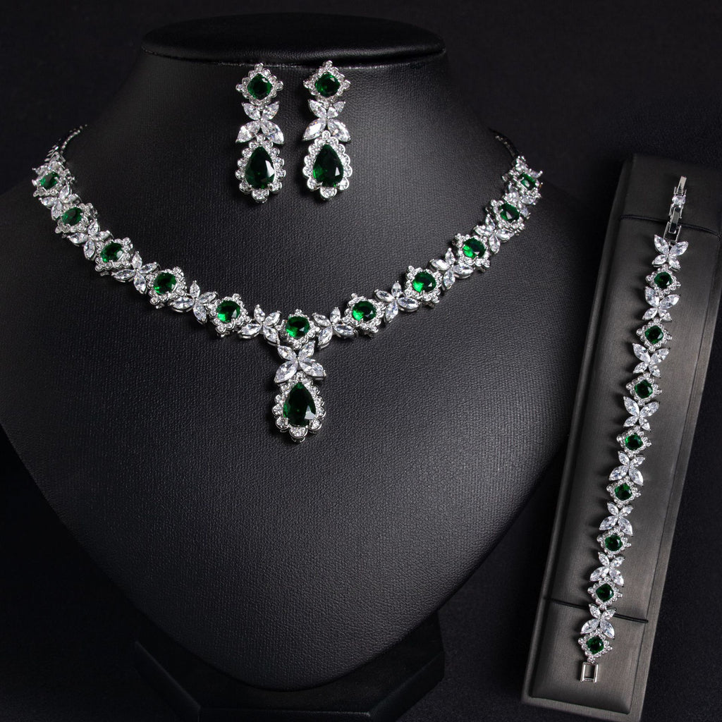 European And American Zircon Necklace Earring Bracelet Wedding Dress Bridal Three-piece Set