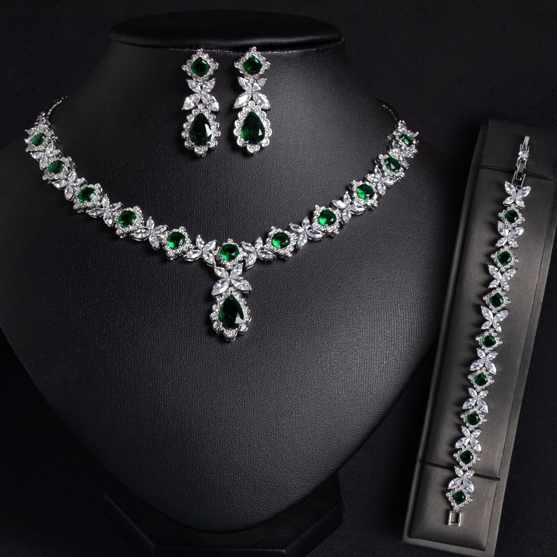 European And American Zircon Necklace Earring Bracelet Wedding Dress Bridal Three-piece Set