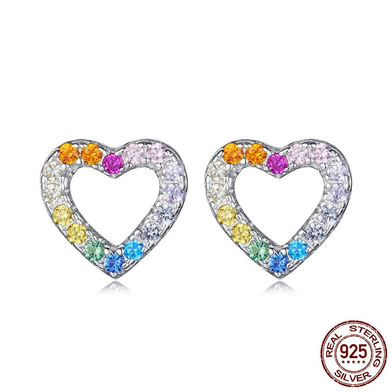 S925 Sterling Silver Colorful Heart-shaped Zircon Stud Earrings