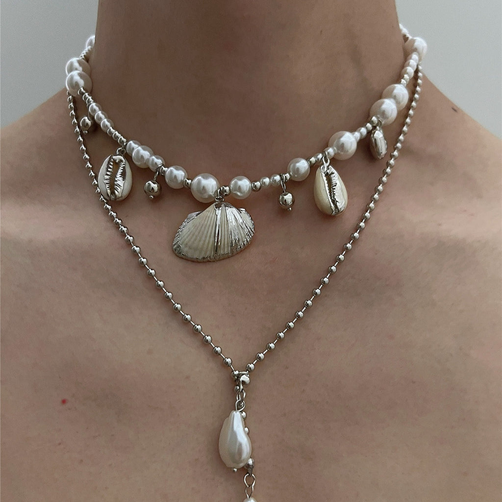 Beach Seashell ImitationPearl Pendant Double Layer Necklace