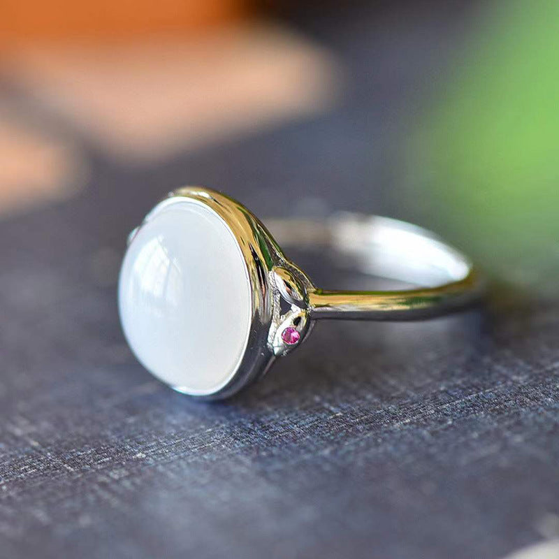 Trendy Egg-shaped Jade-inlaid Open Ring
