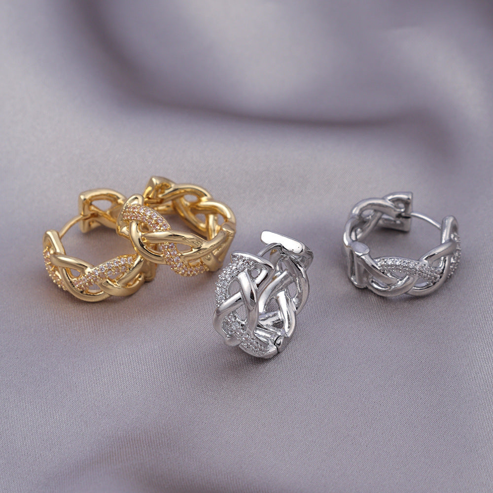 Micro Zircon-encrusted Stud Earrings Woven Twisted Gold Light Luxury High-end Sense