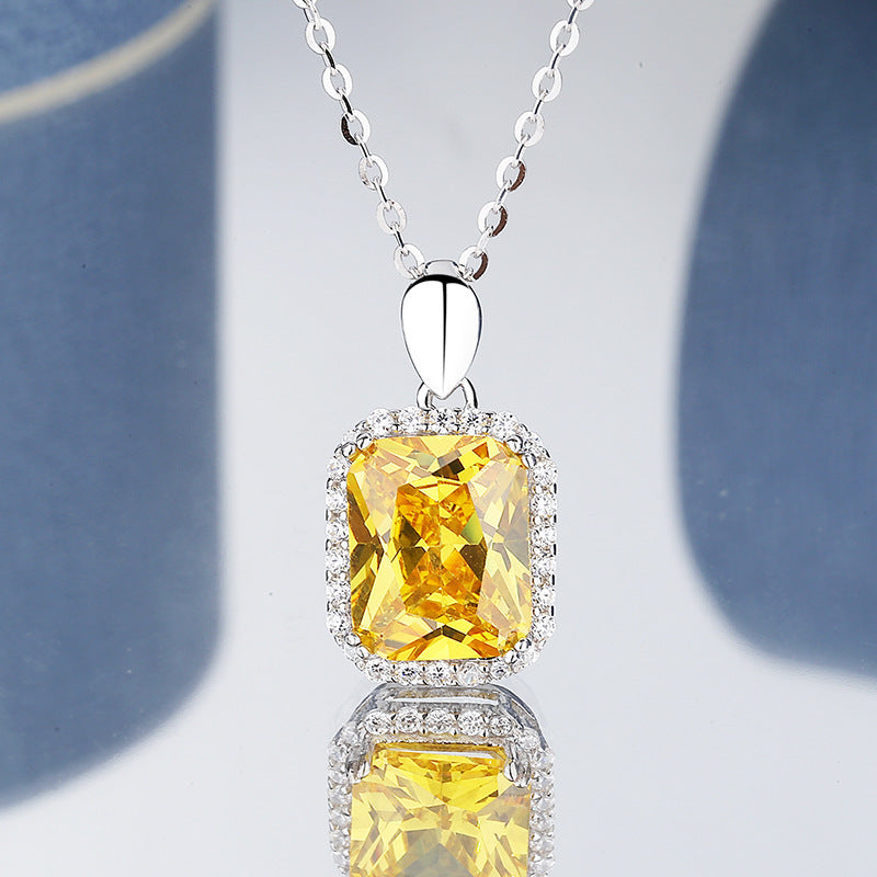 S925 Sterling Silver Princess Square Yellow Diamond Necklace Earrings