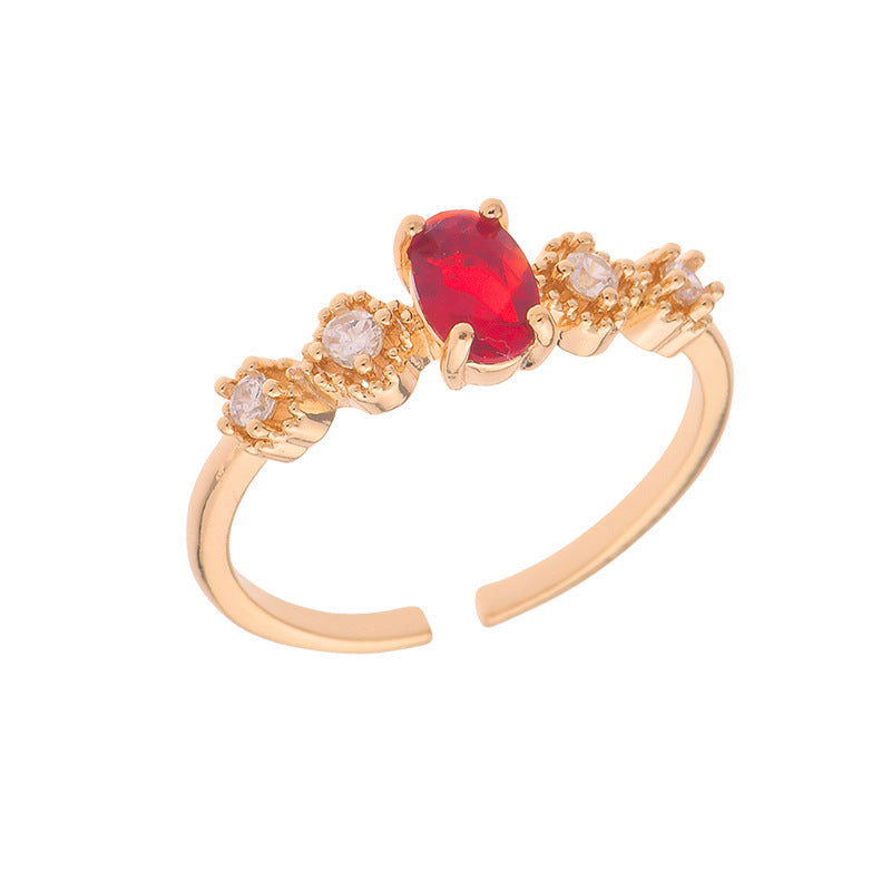 Horse-eye Olive Green Zircon Heavy Industry Stylish Open Ring Women's Red