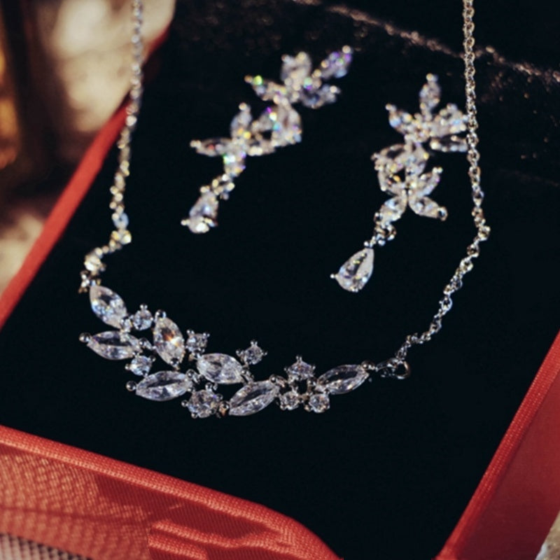 French Exquisite Zircon Leaves Super Fairy Bridal Wedding Necklace Earrings