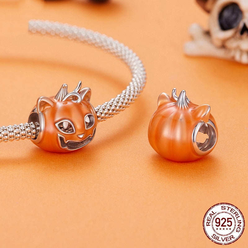 Halloween Luminous Oil Dripping Pumpkin Cat S925 Sterling Silver Beads