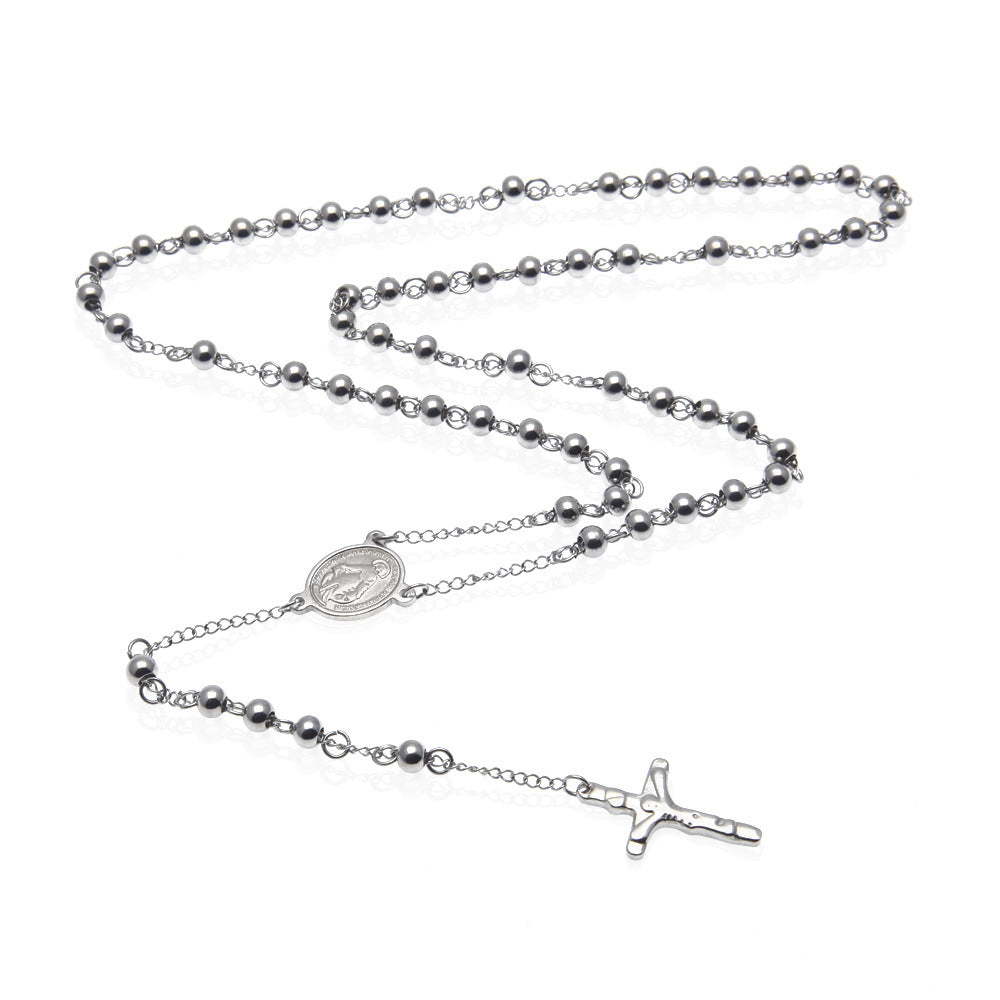 European And American Men's String Beads Chain 6mm HipHop Stainless Steel Necklace