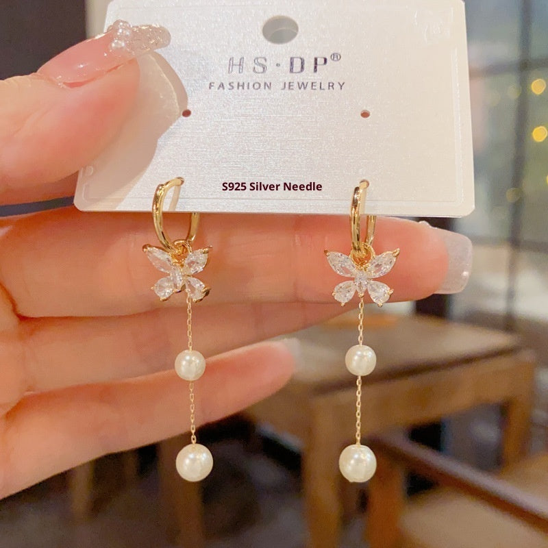 One Style For Dual-wear Diamond Butterfly Pearl Tassel Ear Clip
