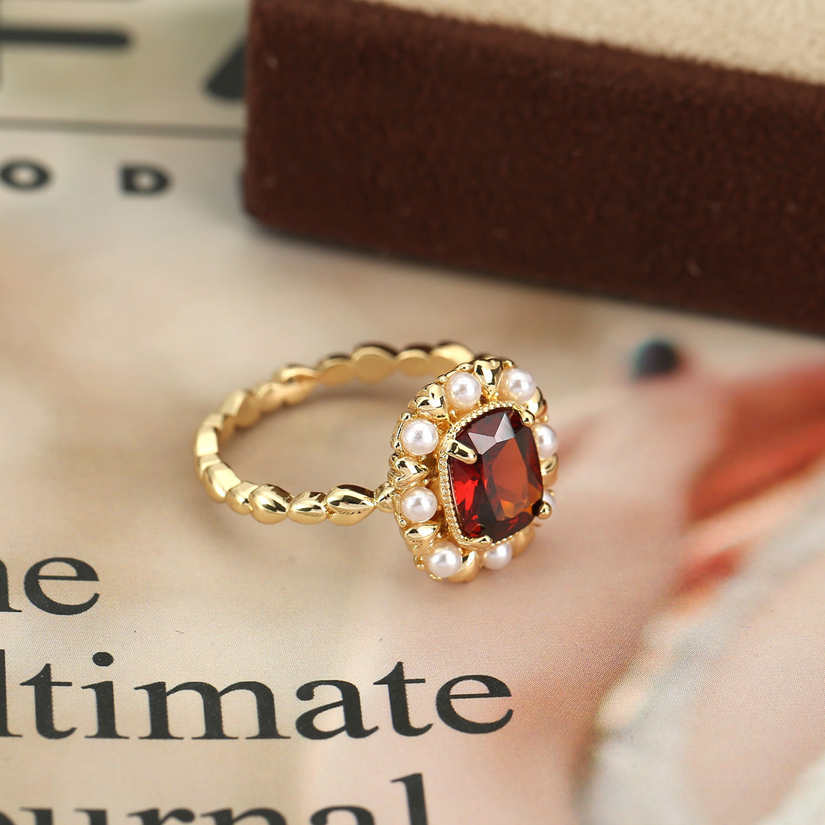 Natural Stone Ring Garnet Red Exaggerated Light Luxury