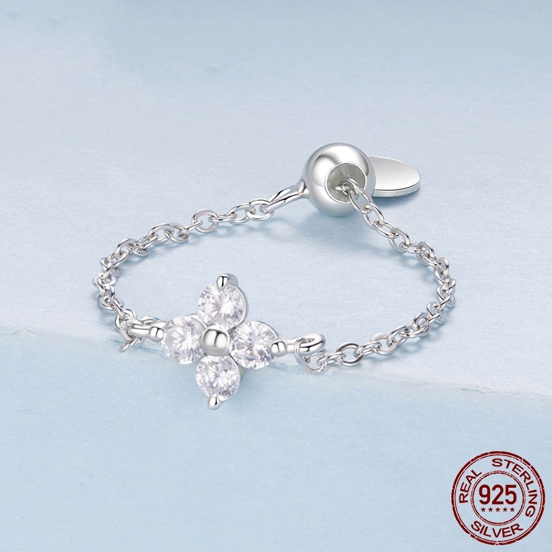 S925 Sterling Silver Four-leaf Clover Lucky Chain Ring
