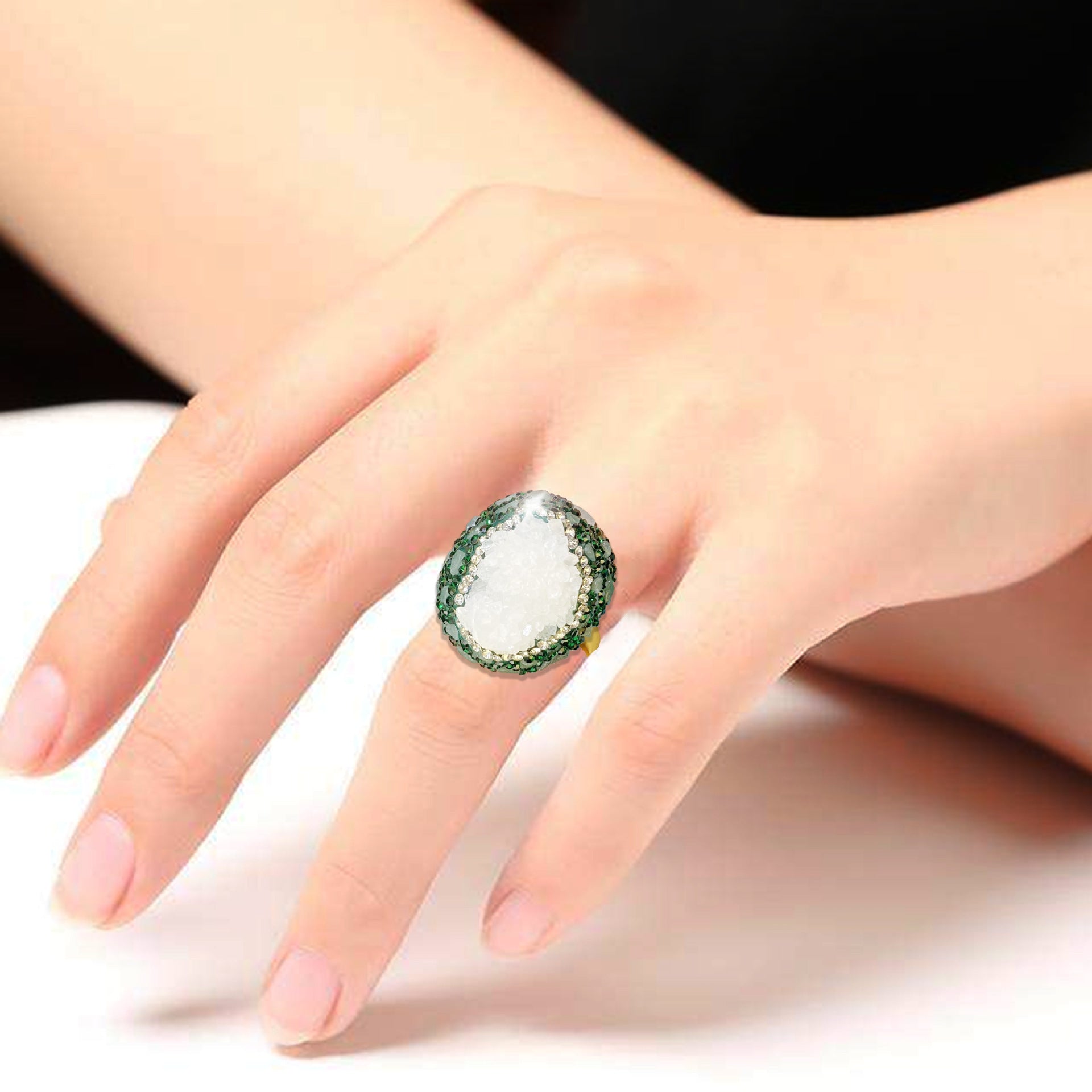 Green Diamond Inlaid Crystal Bud Ring For Women