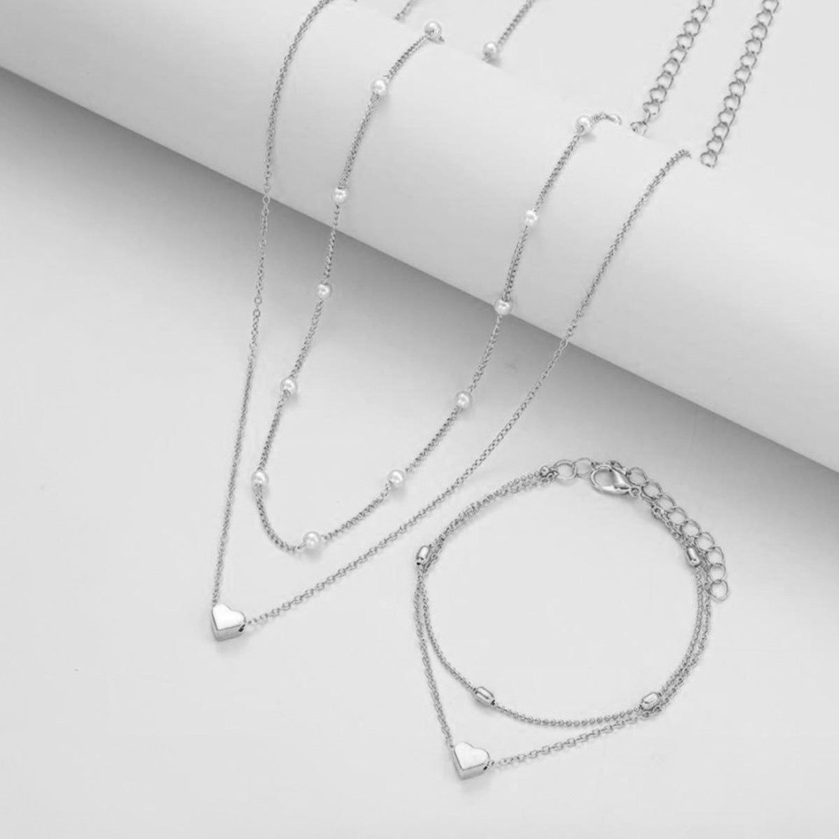 Double-layer Stacked Bag Round Beads Love Pearl Bracelet Necklace Jewelry Set