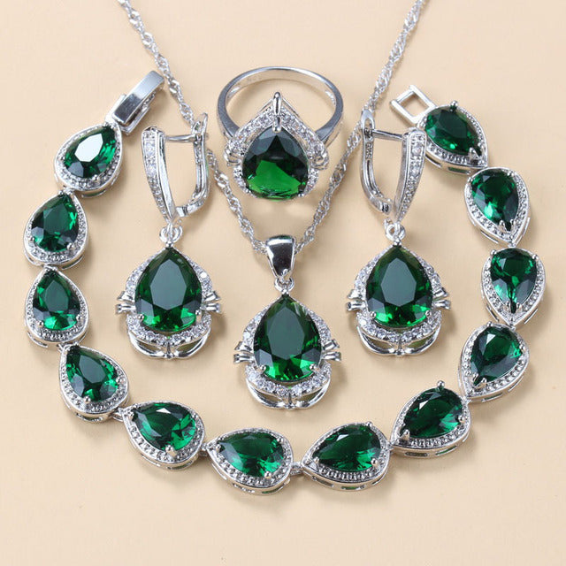 Gem-inlaid Pendant Earrings Necklace And Four-piece Ring Set Pack