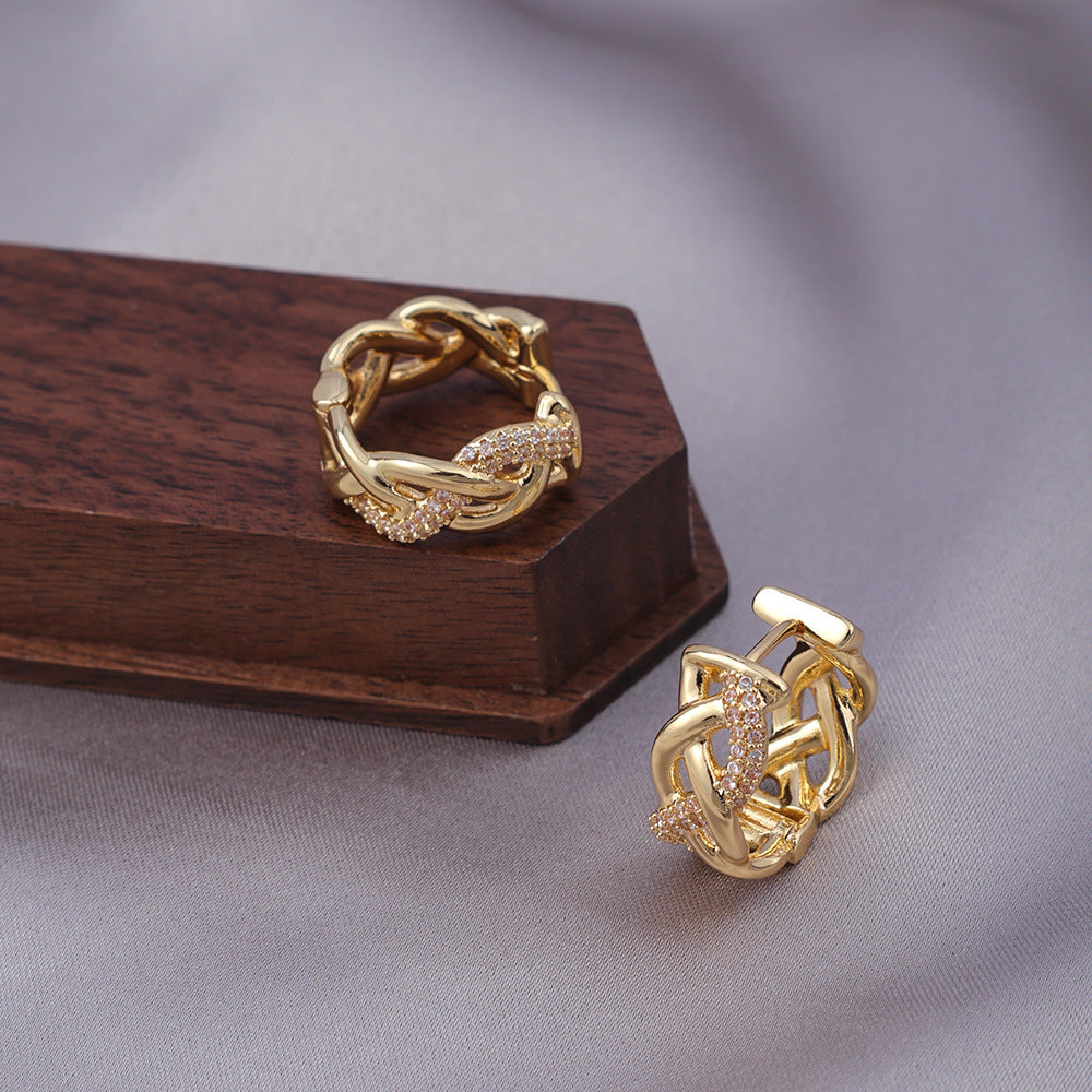 Micro Zircon-encrusted Stud Earrings Woven Twisted Gold Light Luxury High-end Sense