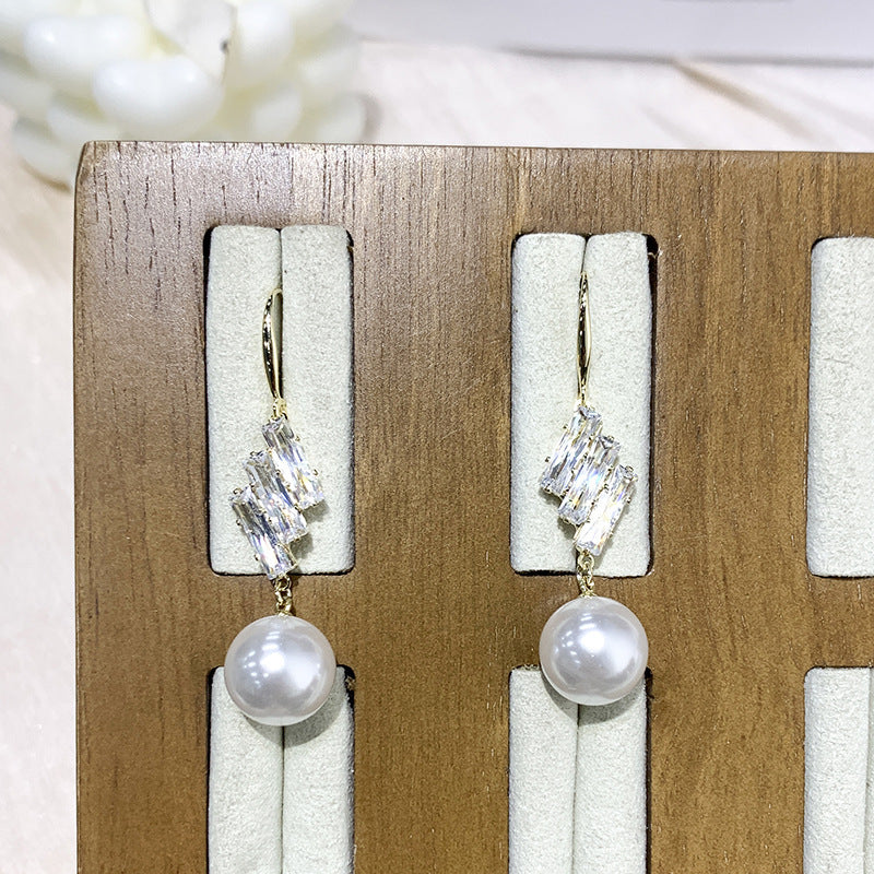 French Elegant Micro Inlaid Sparkling Diamond Pearl Hook Earrings