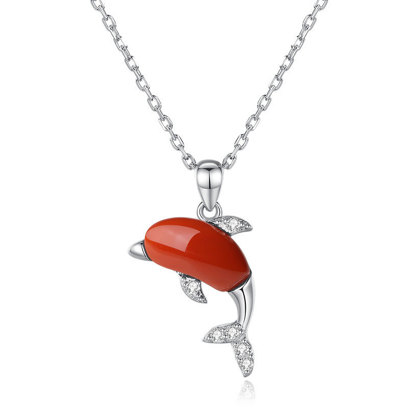 S925 Sterling Silver Gold-plated Southern Red Agate Necklace Dolphin Love Women's Small Cute Suit