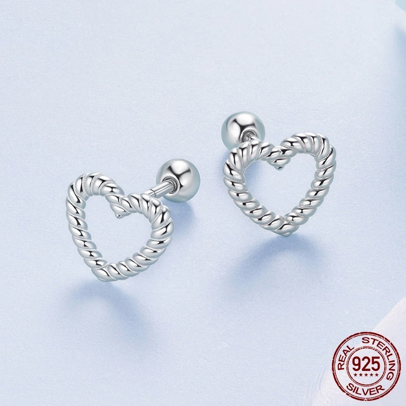 S925 Sterling Silver Hollow Twist Love Heart Stud Earrings