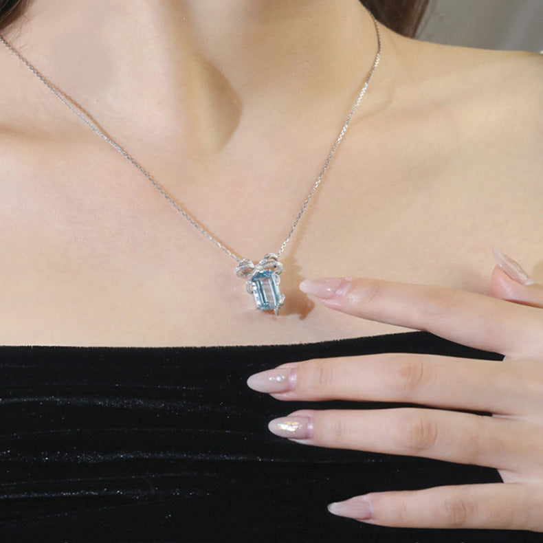 Square Bow Aqua Blue Topaz Light Luxury Necklace For Women