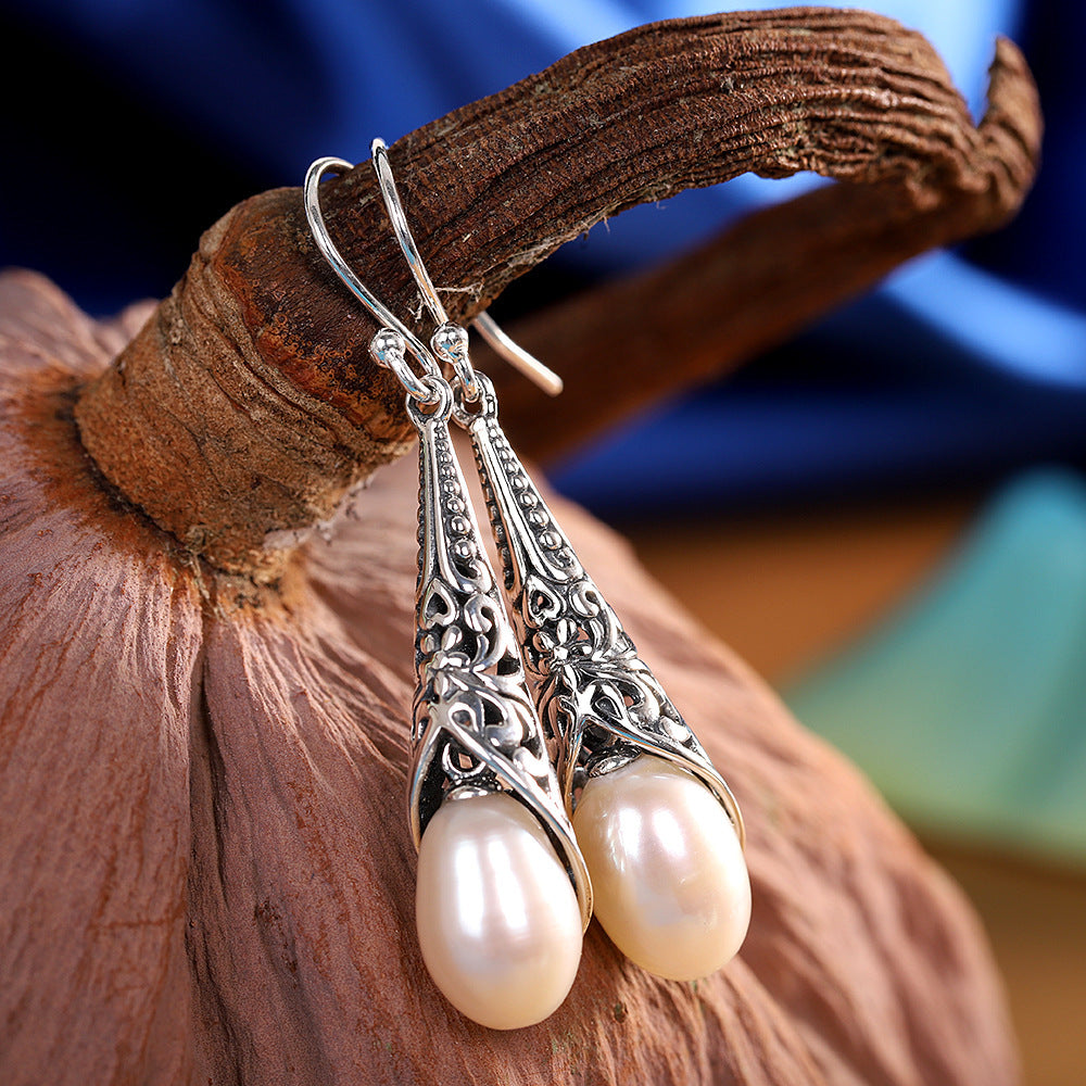 S925 Silver Inlaid Baroque Long Pearl Earrings