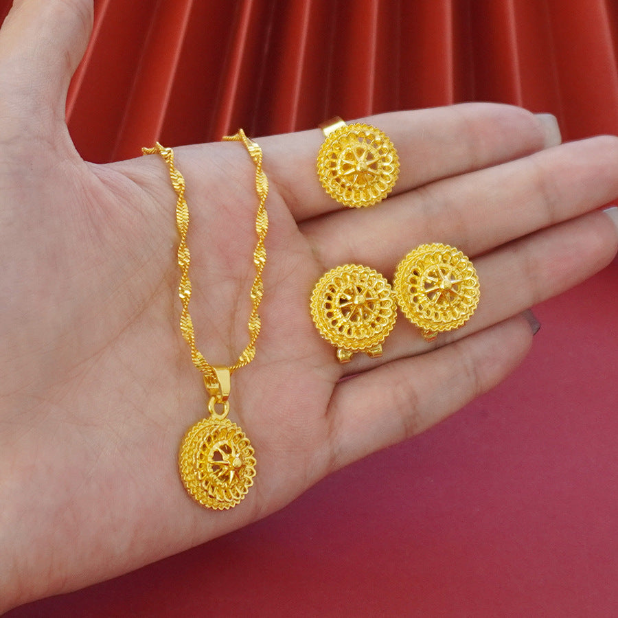 Landscape Middle East Flower Design Gold-plated Necklace Pendant Earring Ring Jewelry Suit