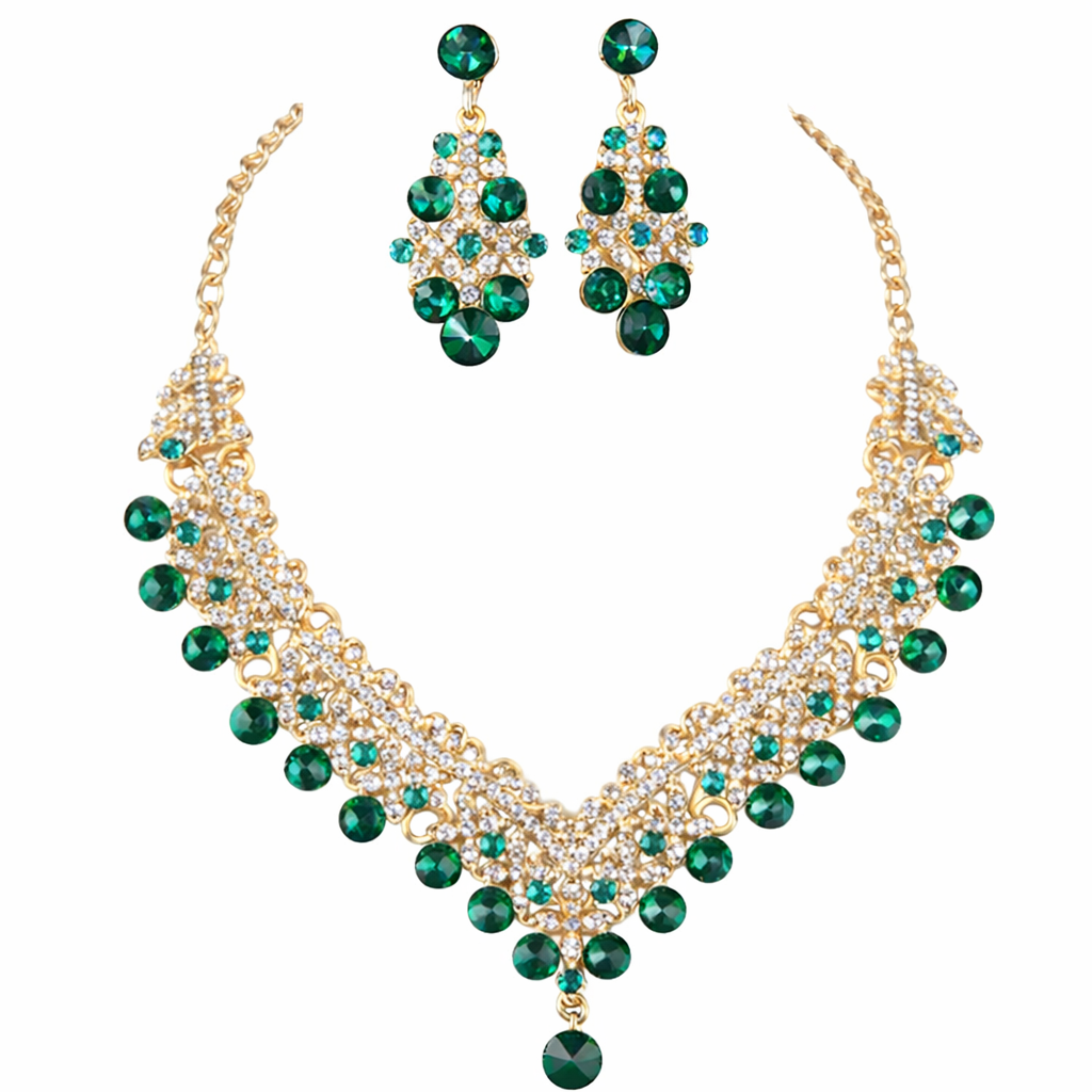 Gold Green Emerald Crystal Jewelry Set